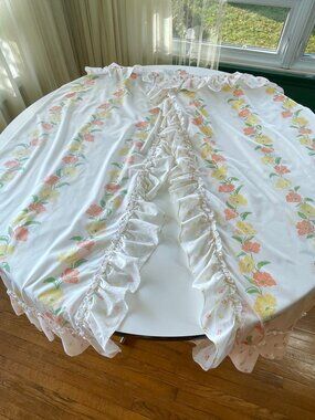 Vintage 80s curtains, pair of floral ruffled panels, orange yellow white, mended